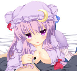 Rule 34 | 1boy, 1girl, assertive female, blush, breast press, breasts, cleavage, crescent, female focus, fujieda uduki, fujieda uzuki, hat, jitome, large breasts, looking at viewer, naughty face, open clothes, open mouth, patchouli knowledge, pov, purple eyes, purple hair, smile, solo focus, touhou, unzipping