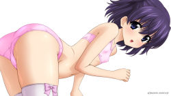 Rule 34 | 1girl, absurdres, arm support, ass, blue eyes, blush, bra, calendar, covered erect nipples, flat chest, highres, lying, march, navel, on side, open mouth, original, panties, pink bra, pink panties, purple hair, short hair, smile, solo, sugimura tomokazu, thighhighs, training bra, underwear, underwear only, wallpaper, white thighhighs