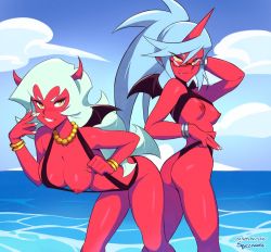 Rule 34 | 2girls, bat wings, beach, blue hair, colored skin, demon girl, exhibitionism, fang, glasses, horns, kneesocks (psg), multiple girls, naughty face, nipples, panty &amp; stocking with garterbelt, public indecency, red skin, scanty (psg), squeezable (squeezabledraws), swimsuit, wings