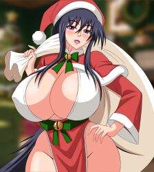 Rule 34 | 1girl, absurdres, alternate breast size, alternate costume, black hair, blush, breasts, christmas, cleavage, curvy, female focus, hat, high school dxd, highres, himejima akeno, holding, holding sack, huge breasts, long hair, open mouth, ponytail, purple eyes, sack, santa hat, solo, thick thighs, thighs, wide hips, yeezusdraw