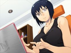 Rule 34 | 1girl, blue hair, breasts, brown eyes, cleavage, computer, covered erect nipples, from below, game cg, glasses, indoors, laptop, large breasts, looking down, notebook, serious, shima ushitora, short hair, sitting, skindentation, solo, tank top, typing