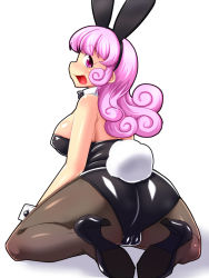 Rule 34 | 1girl, animal ears, ass, breasts, cameltoe, curly hair, fake animal ears, high heels, huge breasts, long hair, looking back, nokoppa, open mouth, original, pantyhose, pink hair, playboy bunny, rabbit ears, rabbit tail, seiza, shoes, sitting, smile, solo, tail