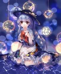 Rule 34 | 1girl, artist name, blue background, blue hair, blurry, blurry background, bow, covering own mouth, dated, doughnut, dress, food, fruit, glass ornament, hair between eyes, hand up, hat, hinanawi tenshi, index finger raised, layered dress, leaf, light particles, ling mou, long hair, looking at viewer, on floor, peach, puffy short sleeves, puffy sleeves, red bow, red eyes, short sleeves, sitting, solo, star (symbol), tareme, torn clothes, torn sleeves, touhou, very long hair, wariza