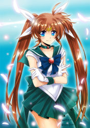 Rule 34 | 1girl, bishoujo senshi sailor moon, blue eyes, blush, bow, brown hair, choker, circlet, crossed arms, dated, feathers, gloves, glowing feather, hair ribbon, leotard, light blush, light smile, long hair, looking at viewer, lyrical nanoha, pleated skirt, ribbon, sailor collar, sailor senshi uniform, san-pon, signature, skirt, solo, takamachi nanoha, twintails, twitter username, very long hair, white gloves, white leotard
