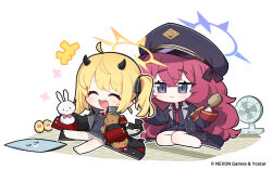 Rule 34 | +++, 2girls, armband, barefoot, black headwear, black horns, blonde hair, blue archive, blush, chibi, closed eyes, coat, electric fan, hair brush, hair ribbon, halo, hat, holding, horns, ibuki (blue archive), iroha (blue archive), long hair, long sleeves, multiple girls, necktie, nemoga, official art, open clothes, open coat, open mouth, pointy ears, red armband, red hair, ribbon, shirt, sitting, skirt, sleeves past fingers, sleeves past wrists, smile, stuffed animal, stuffed rabbit, stuffed toy, tatami, teddy bear, twintails
