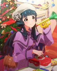 Rule 34 | 10s, 1girl, artist request, bag, character name, christmas tree, hat, idolmaster, idolmaster million live!, instrument, kitakami reika, long hair, official art, smile, toy, trumpet, yellow eyes
