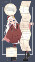 Rule 34 | :o, a.i. voice, ahoge, argyle clothes, argyle pantyhose, beret, black footwear, blue eyes, blunt bangs, blush, boots, braid, buttons, character name, coat, collarbone, collared shirt, commentary, double-breasted, floor lamp, full body, grey background, hanging light, hat, highres, kizuna akari, kizuna akari (tsubomi), lantern, long hair, long sleeves, miriota, neck ribbon, open mouth, orange ribbon, outline, outstretched arms, pantyhose, paper lantern, pun, raised eyebrows, red coat, red hat, red pantyhose, ribbon, shirt, side braid, skirt, sparkle hair ornament, spread arms, standing, standing on one leg, straight-on, voiceroid, white hair, white outline, white shirt, white skirt, wide sleeves