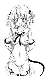 Rule 34 | 10s, blush, bow, covering privates, covering breasts, embarrassed, greyscale, hair ornament, momo velia deviluke, monochrome, navel, nipples, nude, solo, tail, to love-ru, to love-ru darkness, torn clothes, yabuki kentarou