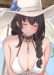 Rule 34 | 1girl, bikini, black hair, blue flower, blue hair, blush, braid, breasts, cleavage, closed eyes, earrings, flower, goddess of victory: nikke, hair over shoulder, hand on headwear, hat, hat flower, highres, jewelry, large breasts, large hat, lips, long hair, mary (bay goddess) (nikke), mary (nikke), multicolored hair, navel, necklace, official alternate costume, parted lips, peli cantaro, smile, solo, streaked hair, sun hat, swimsuit, swimsuit cover-up, white bikini, white hat
