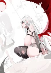 Rule 34 | 1girl, alios arvin, black blindfold, bleeding, blindfold, blood, blush, breasts, claws, dripping, earrings, female focus, flower, grey hair, grey thighhighs, highres, injury, jewelry, large breasts, long hair, low wings, monster, nipple piercing, original, painterly, piercing, pointy ears, red wings, silhouette, sitting, sketch, solo, suggestive fluid, thighhighs, tongue, tongue out, torn, torn clothes, torn thighhighs, torn wings, unfinished, wings
