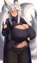 Rule 34 | 1girl, animal ear fluff, animal ears, blush, breasts, cleavage, cleavage cutout, clothing cutout, curvy, fox ears, fox tail, gigantic breasts, glasses, highres, long hair, looking at viewer, mature female, navel, original, purple eyes, roresu, smile, solo, standing, sweater, tail, thick thighs, thighs, white hair, wide hips