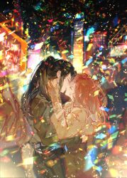 Rule 34 | 2024, 2girls, absurdres, aerial fireworks, alternate costume, black hair, black pants, black shirt, blue gemstone, blurry, blurry background, blurry foreground, brown gloves, brown skirt, chain earrings, confetti, crowd, dalujiadebianyuan, earrings, fireworks, gem, gloves, gradient hair, hand on another&#039;s cheek, hand on another&#039;s face, hand on another&#039;s waist, happy new year, highres, hug, imminent kiss, jewelry, multicolored hair, multiple girls, mutual hug, new year, night, night sky, outdoors, pants, path to nowhere, people, ponytail, purple hair, rahu (path to nowhere), shalom (path to nowhere), shirt, skirt, sky, upper body, white hair, white shirt, yuri