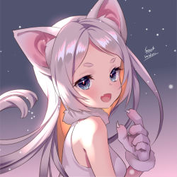 Rule 34 | 1girl, animal ears, animal hands, artist name, backlighting, banned artist, bare shoulders, blue eyes, cat ears, commentary, eyelashes, fang, forehead, fur collar, grey hair, long hair, looking back, midori foo, open mouth, original, parted bangs, red pupils, shadow, skin fang, sleeveless, snow, solo, thick eyebrows, upper body