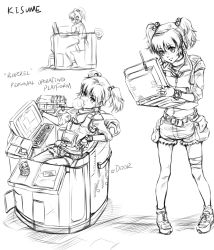 Rule 34 | 1girl, alternate costume, alternate weapon, belt, blowing bubbles, character doll, chewing gum, computer, contemporary, female focus, fingerless gloves, gloves, greyscale, hair bobbles, hair ornament, in container, kisume, laptop, lleu, military, military uniform, monochrome, monochrome, shoes, short hair, sitting, sneakers, solo, touhou, twintails, uniform, watch, weapon, wristwatch