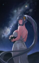 Rule 34 | 1girl, backless dress, backless outfit, bare shoulders, blue hair, bouquet, breasts, brown eyes, commission, dress, flower, grin, hair flower, hair ornament, hair scrunchie, highres, holding, holding bouquet, hraesvelgr (last origin), large breasts, last origin, long hair, looking back, multicolored hair, night, night sky, nyanom, outdoors, ponytail, purple hair, scrunchie, sideboob, sky, smile, solo, sparkle, standing, star (sky), starry sky, streaked hair, very long hair, white dress, yellow flower