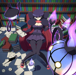 Rule 34 | 10s, 1girl, armchair, bob cut, book, breasts, chair, chandelure, cleavage, creatures (company), elite four, evolutionary line, fire, game freak, gen 5 pokemon, ghost, glasses, highres, ink, lampent, library, litwick, looking at viewer, nintendo, pantyhose, paper, pen, pokemon, pokemon (creature), pokemon bw, purple eyes, purple fire, purple hair, purple skirt, round eyewear, shauntal (pokemon), short hair, sitting, skirt, tm (hanamakisan)