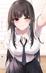 Rule 34 | 1girl, arm behind back, arm up, black hair, black necktie, black skirt, blurry, blurry background, blush, breasts, cleavage, clock eyes, closed mouth, collarbone, collared shirt, cowboy shot, date a live, emyo, heterochromia, indoors, large breasts, leaning forward, long hair, looking at viewer, mole, mole under eye, necktie, pleated skirt, red eyes, shirt, shirt tucked in, short sleeves, sidelocks, skirt, smile, solo, standing, symbol-shaped pupils, third-party edit, tokisaki kurumi, very long hair, wall, white shirt, yellow eyes
