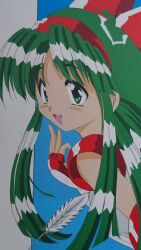 Rule 34 | 1girl, ainu clothes, breasts, fingerless gloves, gloves, green eyes, green hair, hair ribbon, highres, long hair, looking at viewer, nakoruru, open mouth, ribbon, samurai spirits, small breasts, smile, snk, solo, the king of fighters