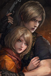 Rule 34 | 1boy, 1girl, ashley graham, black gloves, blonde hair, bob cut, embers, fingerless gloves, gloves, gun, handgun, highres, holding, holding gun, holding weapon, jacket, leon s. kennedy, long sleeves, looking to the side, miche, orange jacket, parted bangs, parted lips, red scarf, resident evil, resident evil 4, resident evil 4 (remake), scarf, short hair, short sleeves, swept bangs, upper body, weapon