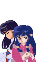 Rule 34 | 1boy, 1girl, black hair, blue hair, closed eyes, escarlata524, hair ornament, highres, long hair, looking at viewer, mousse (ranma 1/2), nail polish, own hands clasped, own hands together, profile, purple eyes, ranma 1/2, shampoo (ranma 1/2), transparent background