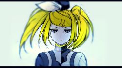 Rule 34 | 1girl, alternate costume, alternate hairstyle, bad id, bad twitter id, black bow, black shirt, blonde hair, blue eyes, blurry, bow, commentary, depth of field, ei flow, english commentary, hair bow, hair ornament, hairclip, highres, kagamine rin, long hair, looking at viewer, reactor (module), roshin yuukai (vocaloid), shirt, swept bangs, twintails, two-tone bow, two-tone shirt, upper body, v-shaped eyebrows, vignetting, vocaloid, white bow, white shirt