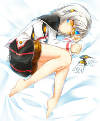 Rule 34 | 1girl, another code (elsword), bad id, bad pixiv id, barefoot, elsword, eve (elsword), expressionless, full body, gloves, long sleeves, lying, on side, poseich, shirt, short hair, shorts, solo, white hair, yellow eyes