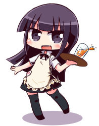 Rule 34 | 1girl, :d, apron, black bow, black footwear, black skirt, black thighhighs, blush, bow, brown apron, collared shirt, colored shadow, commentary request, cup, drink, drinking glass, frilled apron, frills, holding, holding tray, long hair, naga u, open mouth, pleated skirt, purple eyes, purple hair, shadow, shirt, shoes, short sleeves, sidelocks, skirt, smile, solo, teeth, thighhighs, tray, uniform, upper teeth only, very long hair, waitress, white background, white shirt, working!!, yamada aoi