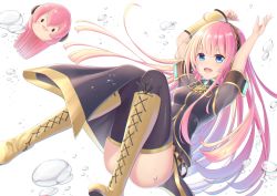 Rule 34 | 2girls, ahoge, armband, arms up, asymmetrical sleeves, black legwear, black shirt, black skirt, boots, bubble, cross-laced footwear, full body, gold footwear, gold trim, grey shirt, hairband, headset, highres, knee boots, knees up, lace-up boots, long hair, looking at viewer, lukaluka8814, megurine luka, multiple girls, octopus, open mouth, pink hair, shirt, single sleeve, skirt, smile, solid oval eyes, swimming, takoluka, tentacles, thighhighs, underwater, uneven sleeves, v-shaped eyebrows, vocaloid, white background