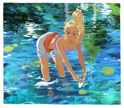 Rule 34 | 1girl, animal, bare shoulders, barefoot, bent over, black eyes, blonde hair, blush, chzzei, dark-skinned female, dark skin, earrings, fish, gold earrings, grass, highres, holding, holding animal, holding fish, in water, jewelry, koi, lily pad, looking to the side, musical note, nintendo, open mouth, pointy ears, purple tube top, red sash, reflection, reflective water, sash, shorts, smile, solo, spoken musical note, strapless, teeth, tetra, the legend of zelda, tube top, updo, upper teeth only, white shorts