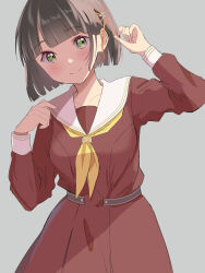 Rule 34 | 1girl, arm up, black hair, blunt bangs, blunt ends, blush, breasts, brown dress, closed mouth, collarbone, commentary, cowboy shot, dress, flower, flower knot, green eyes, grey background, hair flower, hair ornament, hand up, hasu no sora school uniform, head tilt, highres, holding, holding hair ornament, link! like! love live!, long sleeves, looking at viewer, love live!, masaki (masakinariya), medium breasts, momose ginko, neckerchief, pleated dress, sailor collar, sailor dress, school uniform, short hair, simple background, smile, solo, virtual youtuber, white sailor collar, winter uniform, yellow neckerchief