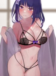 Rule 34 | 1girl, 3:, bare shoulders, bikini, blurry, blurry background, braid, breasts, cleavage, collarbone, cowboy shot, flower, gatchan, genshin impact, groin, hair flower, hair ornament, large breasts, long hair, looking at viewer, mole, mole under eye, multi-strapped bikini, navel, off shoulder, open clothes, purple eyes, purple flower, purple hair, raiden shogun, raised eyebrows, skindentation, solo, stomach, string bikini, sweat, swimsuit, thong bikini, undersized clothes, wide sleeves