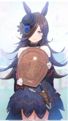 Rule 34 | 1girl, animal ears, black hair, blurry, blurry background, collarbone, commentary request, dagger, flower, gloves, gothic lolita, hair over one eye, hat, highres, holding, holding trophy, horse ears, knife, lolita fashion, looking at viewer, petals, rice shower (umamusume), rose, sheath, sheathed, solo, tears, tem (tempainting1), throphy, trophy, umamusume, weapon, white background