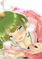 Rule 34 | 10s, 1girl, blue eyes, breasts, cleavage, cum, cum on body, cum on hands, cum on upper body, fingernails, green hair, highres, japanese clothes, kantai collection, kimono, kimono pull, long sleeves, looking at viewer, lying, medium breasts, mole, mole under mouth, nekotama1987, no shoes, on bed, on side, pink kimono, solo, suggestive fluid, tabi, white background, white legwear, wide sleeves, yuugumo (kancolle)