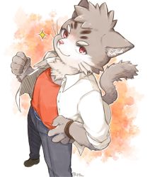 Rule 34 | 1boy, animal ears, belt, bracelet, cat boy, cat ears, cat tail, clenched hand, closed mouth, collared shirt, foot out of frame, full body, furry, furry male, grey fur, hand on own hip, highres, jewelry, looking at viewer, male focus, neck fur, orange shirt, red eyes, shirt, shirt under shirt, short hair, sitri (housamo), smile, solo, sparkle, summon lw, tail, thick eyebrows, tokyo houkago summoners, watercolor background, white background, white fur, white shirt