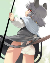 Rule 34 | 1girl, animal ears, ario, ass, capelet, female focus, from below, grey hair, looking back, mouse ears, mouse tail, nazrin, panties, pantyshot, red eyes, short hair, solo, tail, touhou, underwear, upskirt, white panties