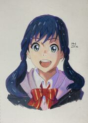 Rule 34 | 1girl, absurdres, amano hina (tenki no ko), artist name, blue eyes, blue hair, bow, bowtie, collared shirt, colored pencil (medium), commentary, cropped torso, dated, dress shirt, english commentary, highres, hood, hoodie, korean commentary, long hair, looking at viewer, low twintails, making-of available, mixed-language commentary, open mouth, p.art, pink hoodie, rain, red bow, red bowtie, school uniform, shirt, simple background, solo, teeth, tenki no ko, traditional media, twintails, upper body, upper teeth only, white background, white shirt