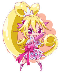 Rule 34 | 1girl, :d, aida mana, blonde hair, boots, bow, brooch, cacao (99chocolove99), chibi, cure heart, dokidoki! precure, hair ornament, heart, heart brooch, heart hair ornament, jewelry, knee boots, long hair, open mouth, outstretched arm, pink bow, pink eyes, pink footwear, ponytail, precure, smile, solo, standing
