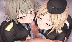 Rule 34 | 1boy, 2girls, :&gt;=, ass grab, black gloves, blonde hair, blue eyes, censored, closed eyes, cooperative fellatio, cum, cum on clothes, facial, fellatio, ffm threesome, garrison cap, girls&#039; frontline, gloves, grabbing another&#039;s ass, grey hair, groping, group sex, hat, hetero, highres, jacket, licking, licking penis, looking at viewer, military, military uniform, mizukamakiri, mosaic censoring, mp40 (girls&#039; frontline), mp41 (girls&#039; frontline), multiple girls, necktie, oral, penis, pov, short hair, threesome, tongue, tongue out, uniform