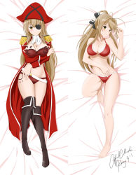 Rule 34 | 10s, 1girl, amagi brilliant park, antenna hair, belt, bikini, blush, boots, bow, breast hold, breasts, brown eyes, brown hair, cleavage, coat, dakimakura (medium), eyepatch, female focus, full body, hair bow, hat, highres, kimmy77, large breasts, long hair, looking at viewer, lying, multiple views, on back, pirate hat, ponytail, red bikini, sento isuzu, swimsuit, thigh boots, thighhighs