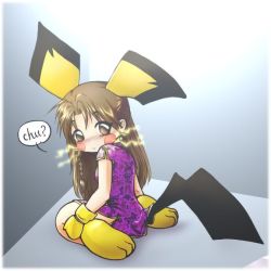 Rule 34 | 1girl, animal ears, brown eyes, brown hair, china dress, chinese clothes, creatures (company), dress, electricity, game freak, gen 2 pokemon, long hair, moemon, nintendo, personification, pichu, pokemon, purple dress, simple background, sitting, solo, sparks, tail