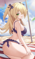 Rule 34 | 1girl, :d, absurdres, bare arms, bare shoulders, beach towel, bikini, blonde hair, blue sky, bow, breasts, cloud, commentary, day, feet out of frame, fischl (genshin impact), genshin impact, green eyes, hair bow, hair over one eye, head tilt, highres, large breasts, long hair, looking at viewer, mxr, open mouth, purple bikini, purple bow, sitting, sky, smile, solo, swimsuit, thighs, towel, two side up