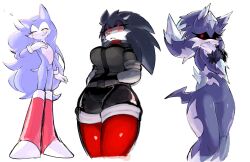 Rule 34 | black fur, black sclera, blue fur, blue hair, blush, boots, breasts, colored sclera, crystal, furry, furry female, grey fur, hands in pockets, hedgehog, hedgehog ears, hedgehog girl, hedgehog tail, high collar, highres, large breasts, leggings, looking at viewer, original, quill, red eyes, red leggings, sonic.exe, sonic (series), thick thighs, thighs, usa37107692, wide hips