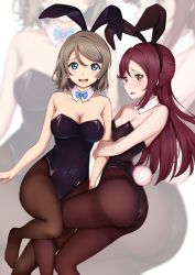 Rule 34 | 2girls, amagi (volfuji), animal ears, arm hug, bare arms, bare shoulders, black legwear, black leotard, blue bow, blue bowtie, blush, bow, bowtie, brown hair, bunny day, covered navel, embarrassed, fake animal ears, highleg, highleg leotard, leotard, looking at viewer, love live!, love live! sunshine!!, multiple girls, no shoes, pantyhose, pink bow, pink bowtie, playboy bunny, rabbit ears, red hair, sakurauchi riko, smile, strapless, strapless leotard, thighband pantyhose, watanabe you, wing collar, zoom layer