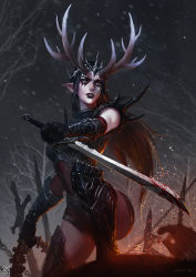 Rule 34 | 1girl, antlers, armor, armored boots, artist name, black hair, black lips, blue eyes, boots, circlet, dagger, gauntlets, gorget, horns, knife, lipstick, long hair, makeup, pale skin, pauldrons, pointy ears, shorts, shoulder armor, snow, solo, spine, tree, weapon, weappon, xiaoguimist