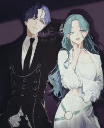 Rule 34 | 1boy, 1girl, absurdres, aoyagi touya, aqua belt, arm at side, artist name, baggy pants, belt, black belt, black choker, black coat, black gloves, black necktie, blazer, blue eyes, blue hair, chain earrings, chest belt, choker, closed mouth, coat, collarbone, collared shirt, contrapposto, cowboy shot, crop top, dark background, dark blue hair, darkness, dress shirt, earrings, expressionless, eyelashes, frilled sleeves, frills, gloves, grey eyes, hair behind ear, half-closed eyes, hand on own face, hand up, highres, hinomori shizuku, jacket, jewelry, lapels, light blue hair, long hair, looking at viewer, looking down, midriff, mole, mole under eye, mole under mouth, multicolored hair, necktie, o-ring, o-ring belt, official alternate costume, official alternate hairstyle, pants, parted bangs, parted lips, project sekai, sa tsuko, shadow, shirt, side-by-side, side slit, sidelocks, simple background, single earring, split-color hair, standing, tsurime, two-tone hair, very long hair, wavy hair, white jacket, white pants, white shirt, wide sleeves, zozotown