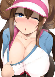 Rule 34 | 1girl, ;o, alternate breast size, bent over, black pantyhose, blue eyes, blush, bra strap, breasts, brown hair, cleavage, cleavage reach, clothes pull, collarbone, creatures (company), double bun, game freak, hair bun, highres, large breasts, looking at viewer, low twintails, nintendo, one eye closed, open mouth, pantyhose, pokemon, pokemon bw2, pokemon masters ex, rosa (pokemon), shirt pull, solo, star-shaped pupils, star (symbol), symbol-shaped pupils, twintails, visor cap, yukimaro yukkii
