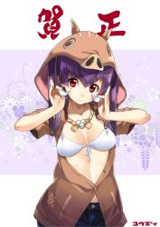 Rule 34 | &gt;:(, 1girl, animal hood, arms up, bikini, bikini top only, boar hood, breasts, brown jacket, buttons, chinese zodiac, cleavage, closed mouth, collarbone, cowboy shot, denim, front-tie bikini top, front-tie top, gradient hair, head tilt, holding, holding hair, hood, hood up, hooded jacket, jacket, jeans, long hair, looking at viewer, medium breasts, multicolored hair, open clothes, open jacket, original, pants, partially unbuttoned, purple hair, red eyes, rope, short sleeves, solo, swimsuit, tareme, twintails, v-shaped eyebrows, white bikini, white hair, year of the pig, yuuzii