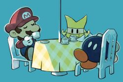 1boy 1girl big_nose black_eyes blonde_hair blue_background blue_overalls bobby_(paper_mario) bomb brown_hair brown_shoes buttons cabbie_hat closed_eyes cup dama8457 drink explosive facial_hair full_body hat holding holding_drink long_hair long_sleeves mario mario_(series) mustache nintendo olivia_(paper_mario) on_chair origami overalls paper paper_mario paper_mario:_the_origami_king red_hat red_shirt saucer shirt shoes short_hair simple_background sitting solid_oval_eyes table tablecloth tea teacup winding_key yellow_hat