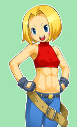 Rule 34 | 1girl, 1zu3, abs, armpits, bad id, bad pixiv id, bare shoulders, belt, blonde hair, blue eyes, blue mary, blush, breasts, denim, fatal fury, fingerless gloves, gloves, halterneck, halterneck, jeans, midriff, muscular, navel, pants, short hair, small breasts, smile, solo, the king of fighters