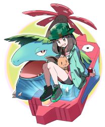 Rule 34 | 1girl, :d, ayo (ayosanri009), bike shorts, brown hair, bucket hat, buttons, camouflage, camouflage headwear, commentary request, creatures (company), eevee, eyelashes, game freak, gen 1 pokemon, green headwear, green jacket, hair flaps, hat, headpat, holding, holding poke ball, holding pokemon, jacket, knees, leaf (pokemon), leaf (sygna suit) (pokemon), long hair, long sleeves, nintendo, official alternate costume, open clothes, open jacket, open mouth, oversized clothes, oversized shirt, pink shirt, poke ball, poke ball (basic), pokemon, pokemon (creature), pokemon masters ex, porygon, poryphone, shirt, shoes, sitting, smile, tongue, venusaur, yellow eyes